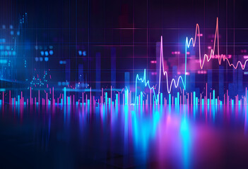 Stock Market Trends Under Blue and Purple Neon Glow: Dynamic Perspective and Depth in Financial Illustration