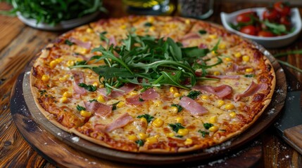 Freshly baked homemade pizza topped with ham, corn, and arugula on a wooden pizza board