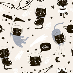 Seamless childish pattern with cute cats astronauts. Creative nursery background. Perfect for kids design, fabric, wrapping, wallpaper, textile, apparel - 764617926