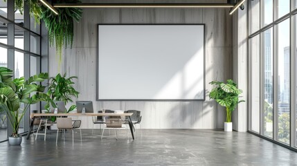 Modern office interior with empty white frame, green plants, and concrete walls