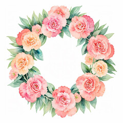 Obraz na płótnie Canvas Watercolor pink carnation, carnation flowers wreath laurel. Decoration for Mother's day card, weddings, wedding design, wedding invitation.