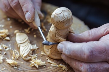 hands carving a wooden figurine with a gouge - obrazy, fototapety, plakaty