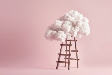 Whimsical cotton cloud with a wooden ladder reaching upwards, metaphor for aspiration and the journey to achieve dreams on a pink backdrop - AI generated