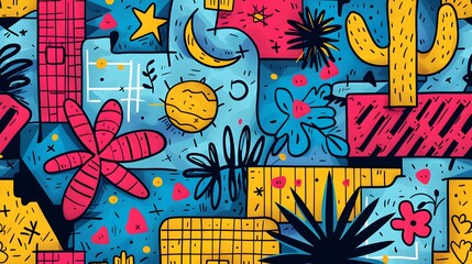 A fun and eclectic mix of doodle art depicting tropical elements and abstract shapes in a palette of bright and engaging colors, perfect for playful designs.