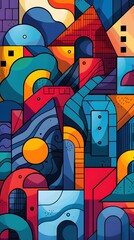 An imaginative cityscape composed of colorful geometric shapes and patterns, blending modern art with architectural elements in an abstract design.