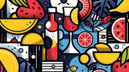 A lively and detailed illustration depicting a summer theme with fruits, cocktails, and citrus slices, ideal for festive and culinary concepts.