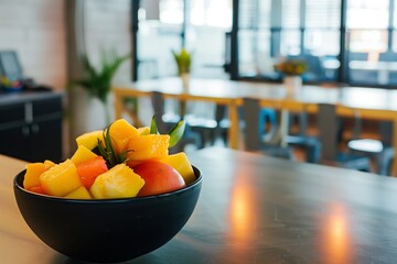 bowl of tropical fruit on a bar with an open office background