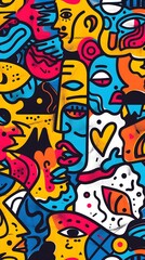 A dynamic and colorful abstract illustration featuring a variety of faces and shapes in a graffiti art style, ideal for modern and urban design themes.