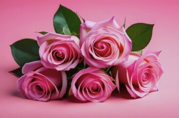 arrangement of five blooming pink roses against pink background. concepts: romantic occasions, spring season, greeting cards and invitations, floral beauty and botany