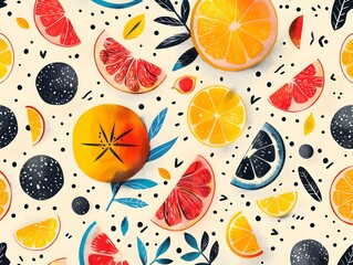 In a vibrant illustration, an assortment of citrus fruits with decorative leaves and abstract elements is featured.
