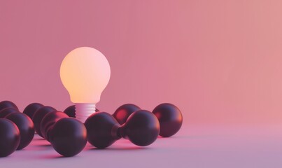 Glowing light bulb stands out among unlit bulbs on a serene teal background, representing innovation, ideas, and leadership in a minimalist concept - AI generated - obrazy, fototapety, plakaty