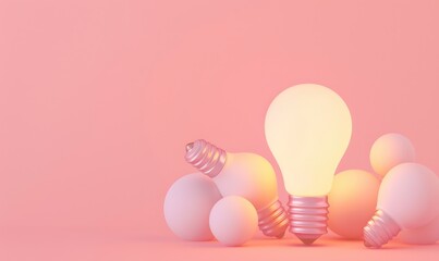 Glowing light bulb stands out among unlit bulbs on a serene teal background, representing innovation, ideas, and leadership in a minimalist concept - AI generated - obrazy, fototapety, plakaty