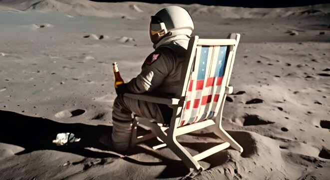 Rear view of a lunar astronaut holding a beer bottle while resting on a beach chair on the surface of the Moon, enjoying the view of Earth.