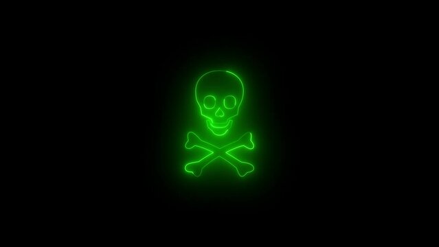 Neon glowing green skull and crossbones icon animation in black background