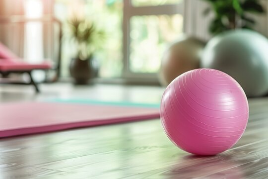 Pink exercise ball, colorful mat, bright interior.