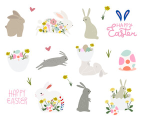 Easter bunnies and easter eggs pattern, easter flat set