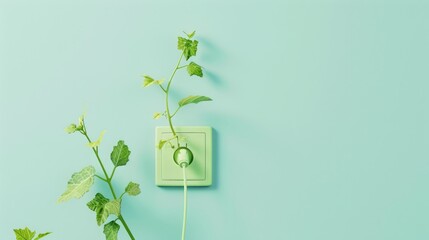 Green energy concept with a vibrant leafy vine growing from a green power socket on a pastel blue background, symbolizing eco-friendly power solutions - AI generated