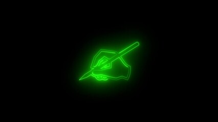 Neon glowing green writing hand icon animation in black background