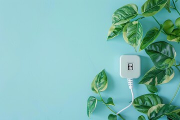 Green energy concept with a vibrant leafy vine growing from a green power socket on a pastel blue background, symbolizing eco-friendly power solutions - AI generated