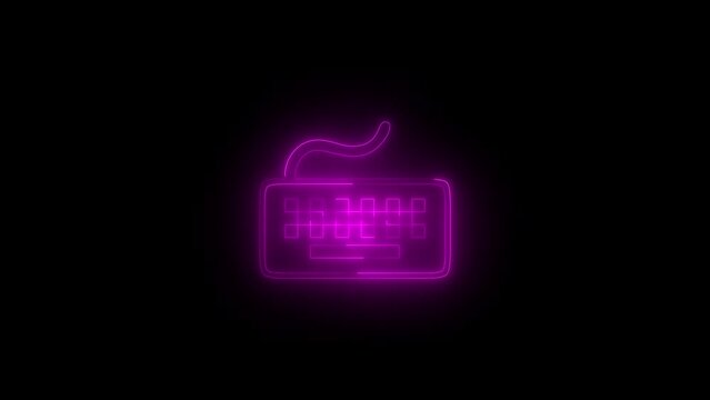Neon glowing pink computer keyboard icon animation in black background