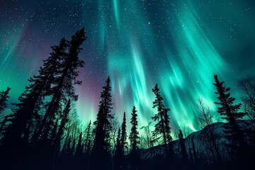 Fototapeta na wymiar Aurora Night sky with northern lights over winter trees forest 