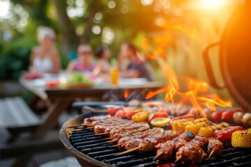 Close-up of a grill during a summer barbecue party with a blurred background of people having fun. Concept of outdoor holiday party at campsite with friends and family with copyspace
