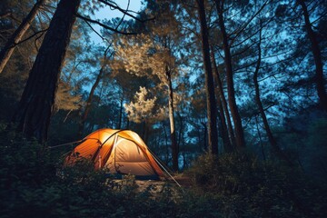 Bright tent in a tent camp in the night forest. Concept of tourism, vacation, travel, hiking