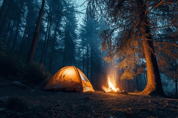 Bright tent and fire in the night forest. Concept of tourism, vacation, travel, hiking.