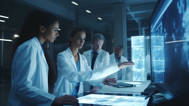 Hospital director consulting with healthcare staff members, brainstorming innovative solutions to enhance patient services and streamline administrative processes, captured in precise detail