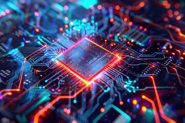 Advanced circuit board with glowing neon trails, showcasing high-tech electronic architecture and data processing in a vibrant technology concept - AI generated