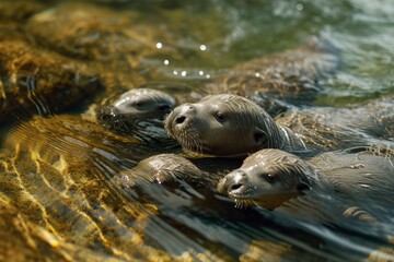 Beautiful close portrait of fur seals swimming in clear water in the ocean or sea