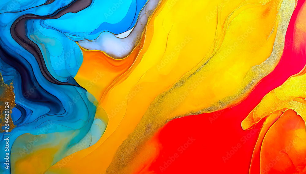Poster A colorful painting with a blue and yellow line. The painting is abstract and has a lot of gold and red colors& Abstract Colorful acril Background