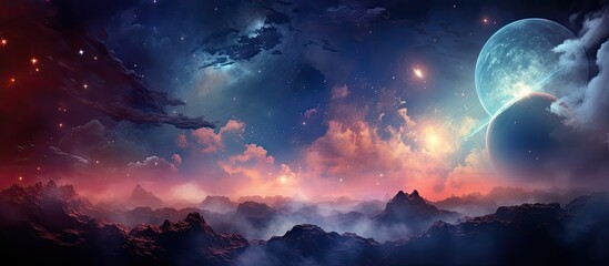 A perspective of the various planets in the sky as viewed from a far-off planet, surrounded by fluffy clouds and twinkling stars - obrazy, fototapety, plakaty