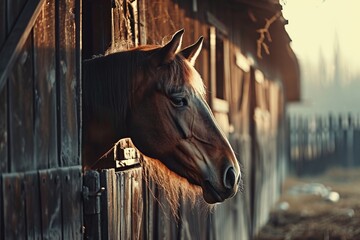 Beautiful horse in the paddock. The concept of breeding purebred animals, can be used for materials about equestrian sports, agriculture business and horse farm.
 - obrazy, fototapety, plakaty