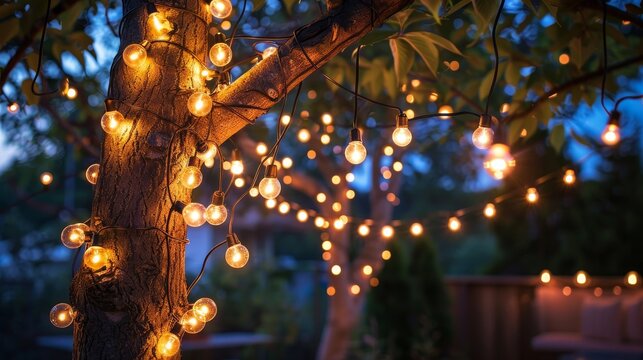Decorative outdoor string lights hanging on tree in the garden at night time, weekend summer night mood