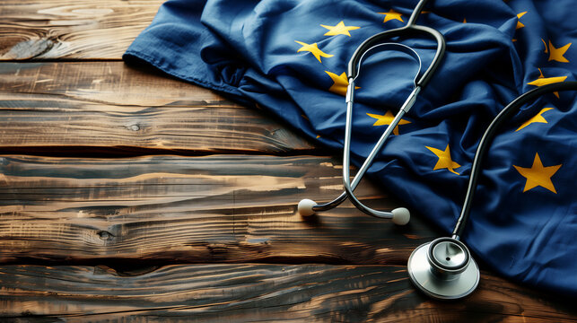 Stethoscope on a European Union flag, healthcare system theme, suitable for medical policy and health care reform context &ndash; AI-Generated