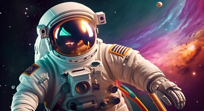 Animation of astronaut flying in space with galaxy and stars. Elements of this image furnished by NASA