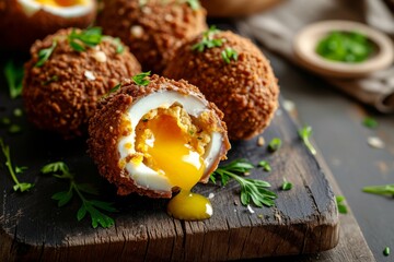 Traditional scotch eggs on a wooden board on a dark background, half sliced with melted yolk inside
 - obrazy, fototapety, plakaty