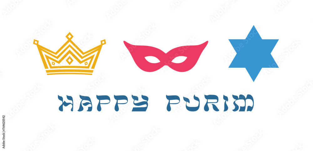 Wall mural Purim horizontal banner with holiday items. Modern design. Minimalist style. Greeting card concept. Postcard template. Social media poster. Network timeline post. Queen Esther set of symbols. - Wall murals