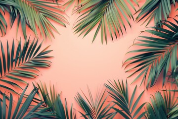 Tropical leaves framing vibrant red background.