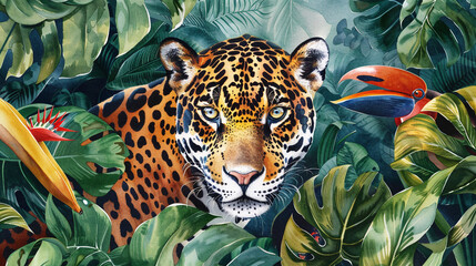 Jaguar in tropical forest watercolor illustration.  - obrazy, fototapety, plakaty