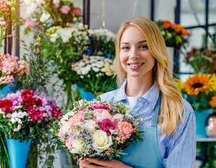 Obraz na płótnie Canvas woman florist holding beautiful bouquet in flower shop