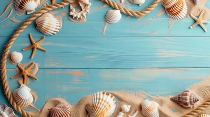 Starfish, seashells, and rope on weathered blue wood, symbolizing ocean, beach vacations, and summer