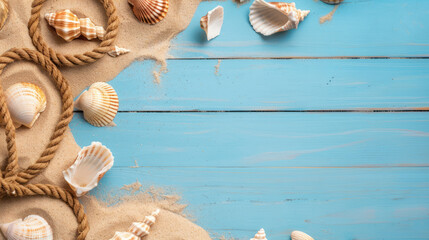An arrangement of seashells and nautical rope on a turquoise wooden textured background - obrazy, fototapety, plakaty
