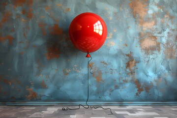 Red Balloon Floating With String Attached - obrazy, fototapety, plakaty