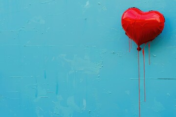 Melting red heart with dripping paint on a light blue background, a conceptual piece on lost love and the fragility of emotions - AI generated