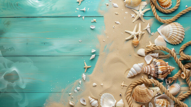 Vibrant image capturing an array of beach elements like starfish and seashells scattered on wooden surface with grains of sand