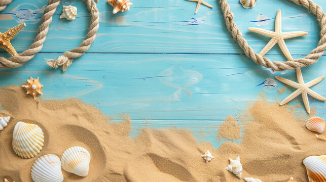 This image depicts a carefully arranged collection of seashells with sand and nautical rope on a rustic blue wooden background
