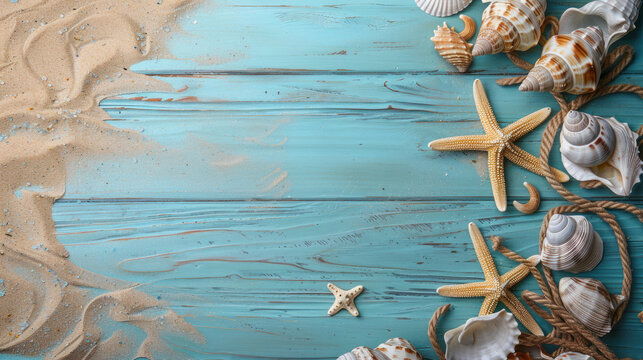 A top-down view of assorted marine seashells & starfish on a turquoise wooden board, partially covered with sand