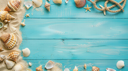 A charming display of assorted seashells and spiraled rope on a sandy, turquoise-painted wooden board